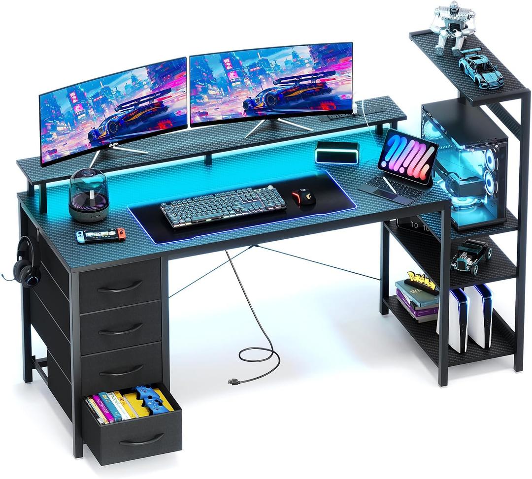 59 Inch Gaming Desk with LED Lights and Power Outlets, Computer Desk with Storage Shelves, Fabric Drawers, Monitor Stand & Side Hook, Reversible Gamer Table for Home Office, Carbon Fiber Black