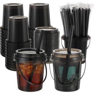 30 Set 24 oz Drink Buckets with Lids and Straws Disposable Clear Rum Plastic Drinking Cocktail Bucket with Handles for Beverage Coffee Lemonade Pool Picnic Party Supplies (Black)