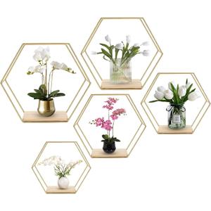 Wall Mounted Hexagonal Floating Shelves Set of 5 in Different Sizes, Modern Metal Shelf, Simple Wood Partition Storage Shelves, Gold Decor Rack for Bedroom, Living Room, Kitchen and Office