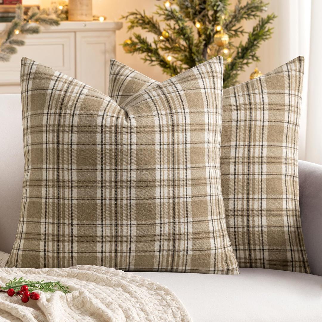 MIULEE Fall Set of 2 Scottish Tartan Plaid Throw Pillow Covers Farmhouse Classic Decorative Outdoor Square Cushion Cases for Halloween Thanksgiving Decor Sofa Couch 20x20 Inch, Khaki and White