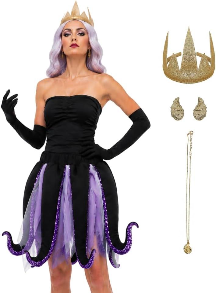 Women 6 Pcs Ursula Costume Octopus Tentacle Dress Shell Necklace Earrings Halloween Mermaid Party Villain Outfit (Black, S)