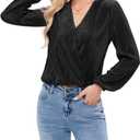 Women Long Lantern Sleeve Shirts Dressy Casual Loose Fit Fall V Neck Blouses Date Night Tops (Gold, XS)