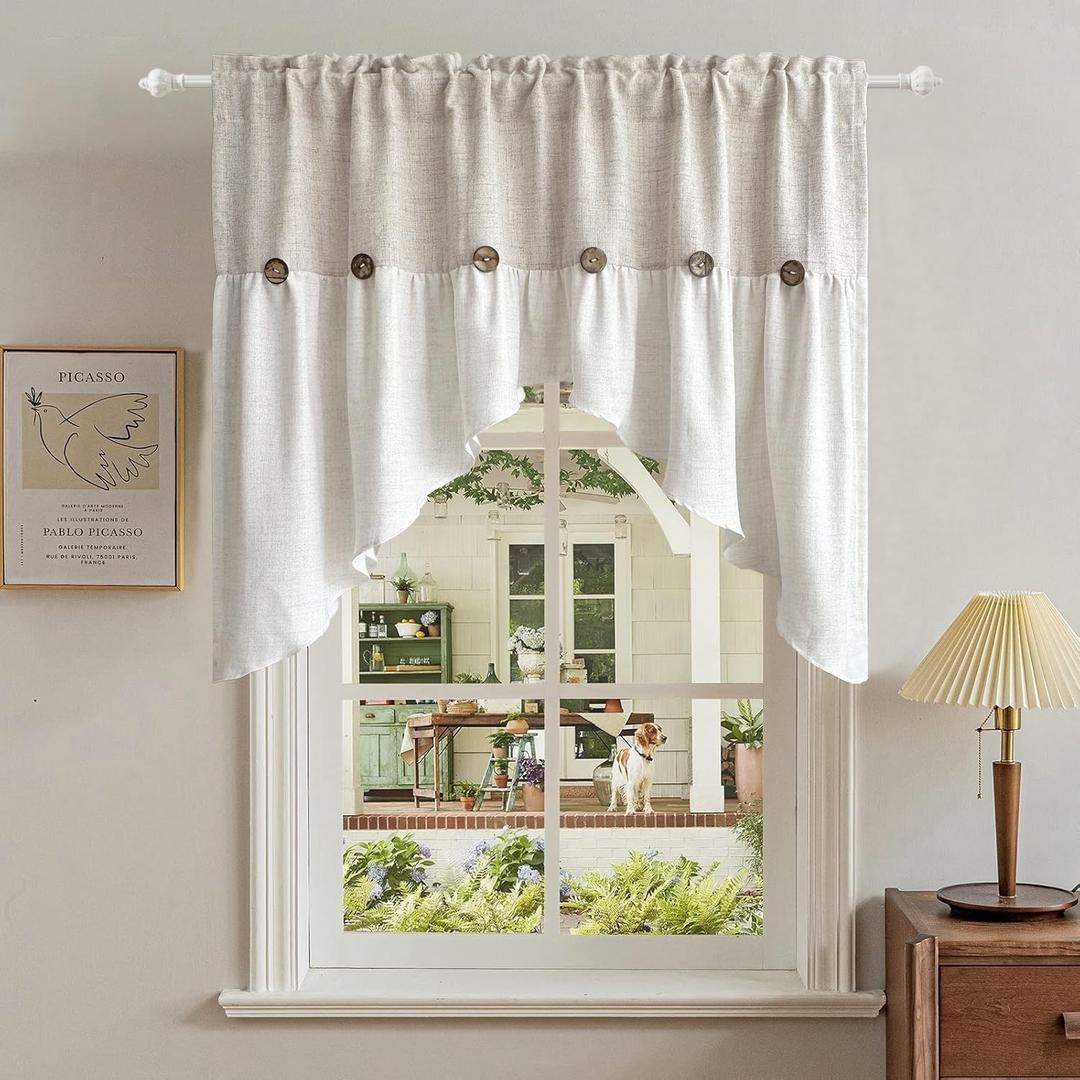 Gxi Beige Linen Curtain Swag for Living Room Button Kitchen Curtain Farmhouse Valance Privacy Rod Pocket Boho Window Tiers for Small Windows Bathroom Bedroom 1 Panel, W52 x L35 inch
