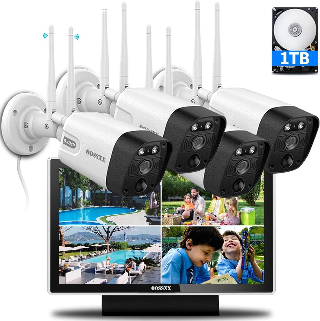 OOSSXX (All-in-One 5.0MP PIR Detection) 2-Way Audio Dual Antennas Outdoor Security Camera System Wireless with Monitor WiFi Home Security Cameras System Video Surveillance DVR Set
