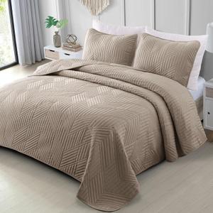 Exclusivo Mezcla Ultrasonic King Quilt Bedding Set, Lightweight Taupe Bedspreads Soft Modern Geometric Coverlet Set for All Seasons (1 Quilt and 2 Pillow Shams)
