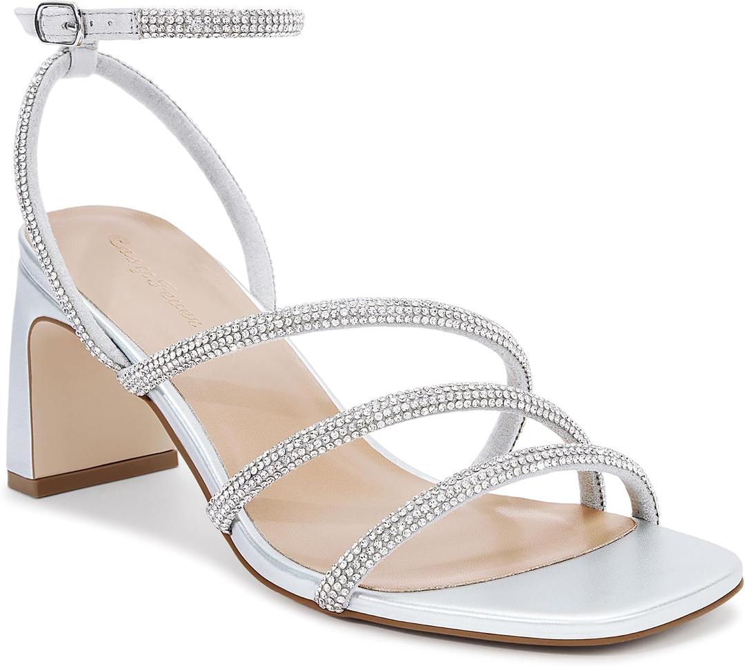 Womens Rhinestone Heels, Square Toe Ankle Strap Block Heel Dress Shoes for Wedding & Party, Size 9.5W