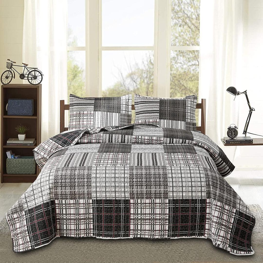 Bedspread Set Queen/Full Size Quilt Set Plaid Bed Spread Coverlet Black White Grey Plaid Patchwork Stripe Modern Quilt Bedspread Bedding Soft Lightweight Reversible Home Mens Quilts for Queen Bed