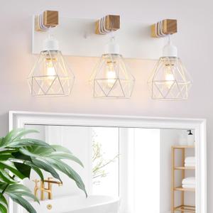 White Bathroom Vanity Light Fixtures, 3-Light Wood Bathroom Light Fixtures Over Mirror, Rustic Sconces Wall Lighting with Elegant Metal Lampshade for Living Room, Bedroom, Hallway