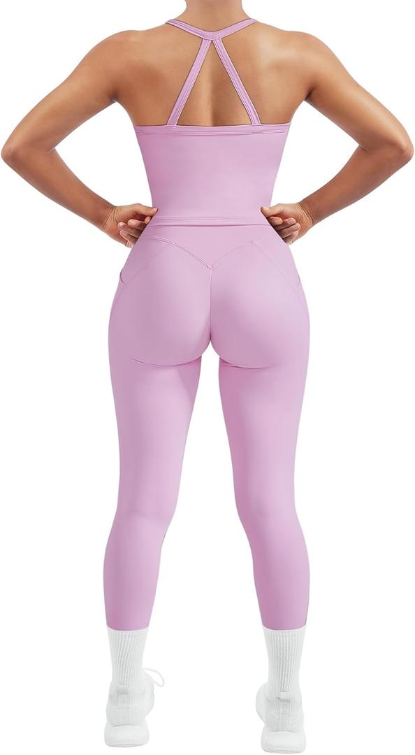 SUUKSESS Women 2 Piece Workout Sets Compression Tummy Control Leggings with Pockets Halter Built in Bra Tank Tops (Small, Light Pink)