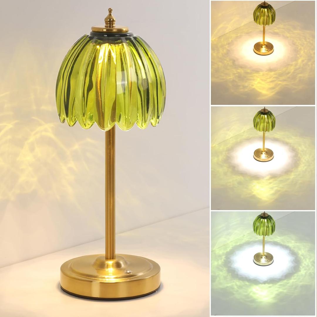 Shenmoyl Tulip Table Lamp with 5000mAh Battery & Touch Control, Cordless Table Lamp with 3 Colors, Dimmable Rechargeable Table Lamps for Bedroom, Nightstand, Living Room, Entryways (Green Tulip) (1 Pack)