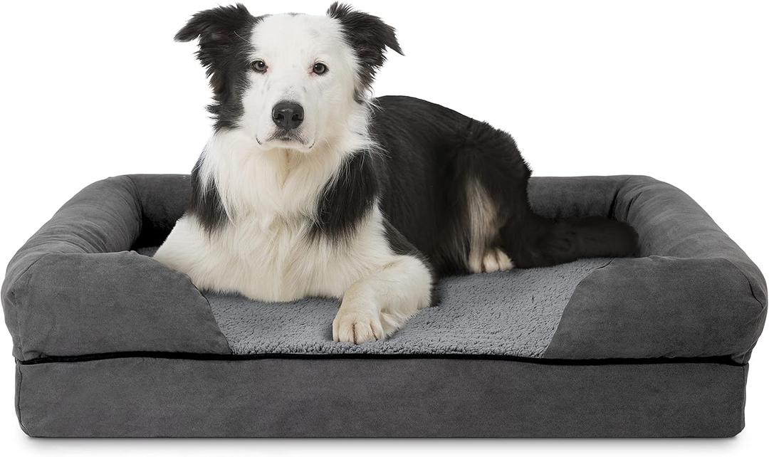 The Dog’s Bed Orthopedic Memory Foam Dog Bed with Bolsters for Large Dogs, High Density Support Mattress, Low Front Entry, Removable Washable Cover, Plush Fabric, Grey Plush, Large (No Logo)