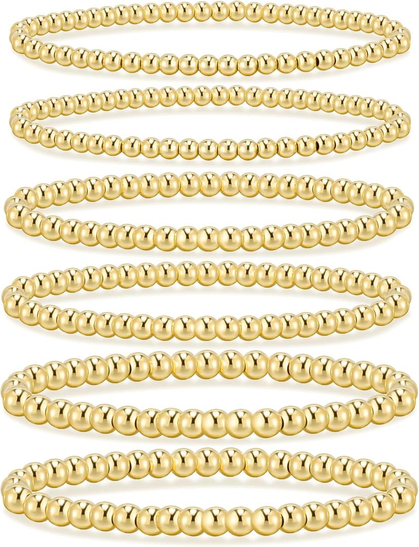 adoyi Valentines Day Gifts for Her Gold Bracelets for Women Waterproof, 14K Gold Plated Beaded Strand Bead Ball Bracelets stack Adjustable Jewelry Set for Gifts (6PCS Gold 4mm+5mm+6mm)