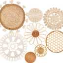 Boho Wall Basket Decor Set of 8 - Flat Woven Basket Wall Hanging Decor, Round Tassels White Macrame Tapestry Wall Decor Art, Handmade Rattan Wicker Seagrass Home Wall Baskets Decor Boho Classic) (Style 4)