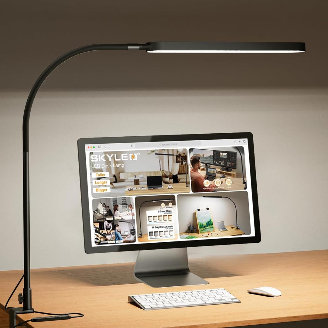 SKYLEO Led Desk Lamp Desk Light for 33.5" Tall Flexible Gooseneck 5 Color Modes X 11 Brightness Levels 1300LM Timer & Memory Function 12W Clip on Light Black