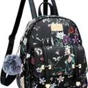 KKXIU Girls Small Backpack Purse Vegan Leather Mini Bookbag for Women Cute Teen Pompom Daypack (Black Flower)