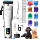 Dog Clippers for Grooming for Thick Heavy Coats, Professional Low Noise Dog Grooming Clippers Supplies Kit Rechargeable Stainless Steel Hair Trimmer with Ceramic Blade for Dogs Cats Pet (Silver)