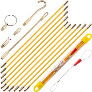33' Fiberglass Running Electrical Wire Cable Pulling Fish Tape kit with 5 different attachments in a Carrying Case (33FT-10 Rods)