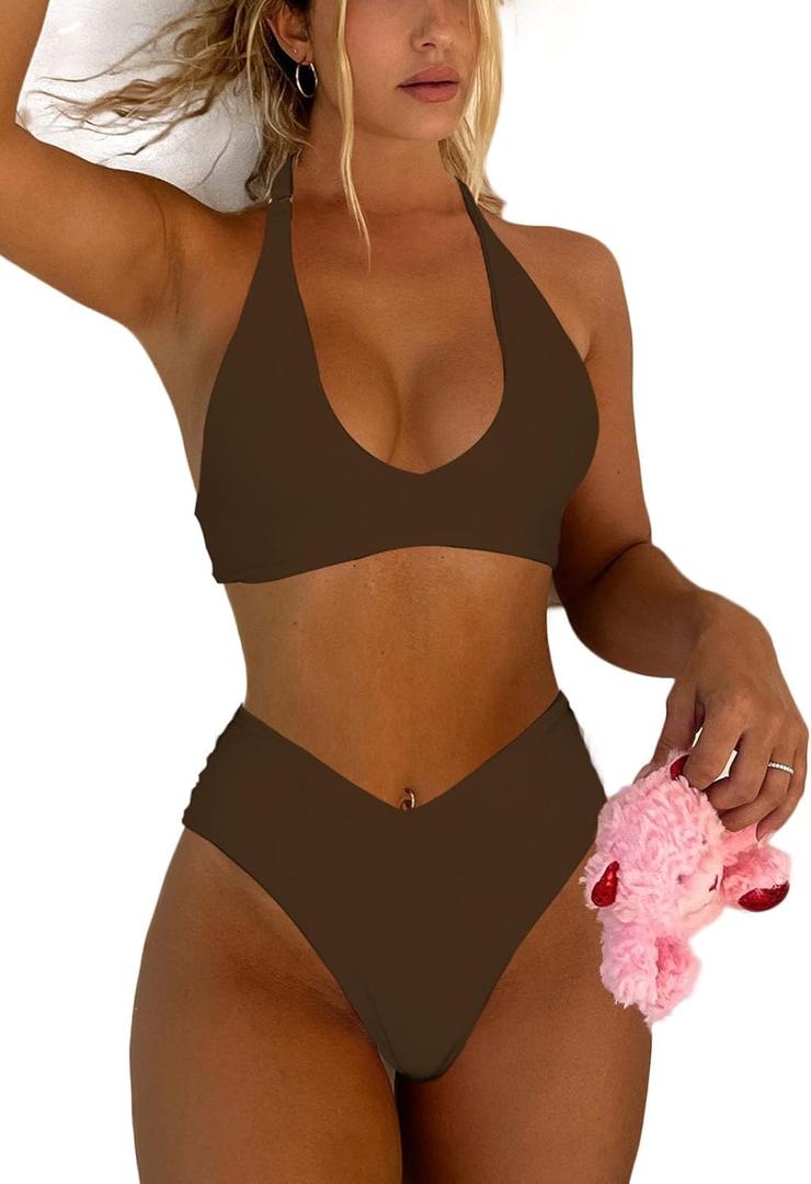 Women's Sexy High Leg Triangle Halter Bikini Set Padded Cup Bikini Cheeky Swimsuit V Cut Thong Bathing Suit (Medium, Brown)