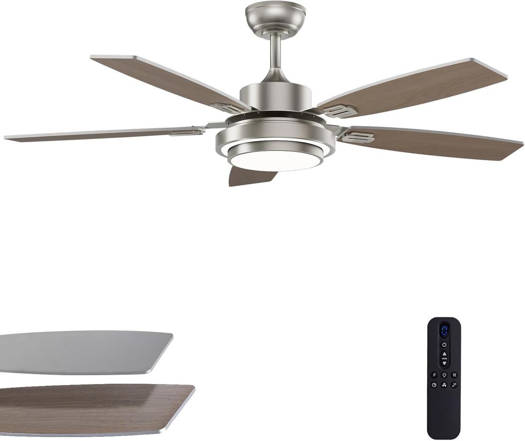 52 Inch Nickel Ceiling Fans with Lights and Remote Control for Bedroom, Modern Ceiling Fan with Quiet Reversible DC Motor, 3CCT, Dimmable, LED for Living Room, Patio, Indoor and Outdoor