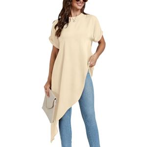 LYANER Women's Casual Mock Neck Short Sleeve Irregular Hem Loose Blouse Long Shirt Top (Beige, XXL)