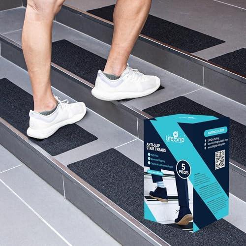 LifeGrip Anti Slip Traction Treads (5-Pack), 6 inch X 32 inch, Best Grip Tape Grit Non Slip, Outdoor Non Skid Tape, High Traction Abrasive Adhesive for Stairs Step, Black