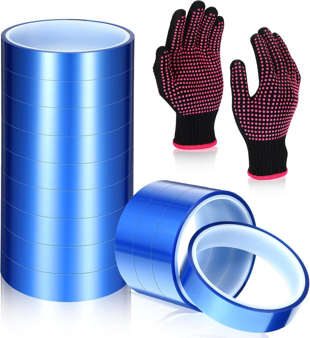 Jeyiour Heat Resistant Gloves and Sublimation Heat Tape, 9 Rolls High Temperature Tape with 1 Pair Gloves for Sublimation Silicone Bump, 10 Piece Set