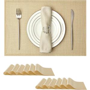 Leetaltree Sparkling Gold Sequin Woven Vinyl Placemats, Set of 12 - Waterproof & Washable Dining Table Mats for Wedding, Anniversary, Daily Use, Hand-Cut