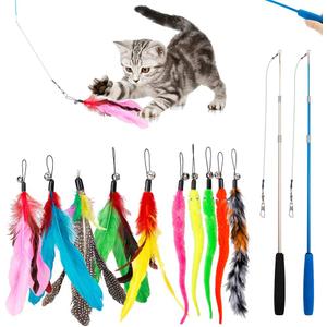 Cat Toys Feather Toy, 2PCS Retractable Wand and 10PCS Replacement Teaser with Bell Refills, Interactive Catcher and Funny Exercise for Kitten.