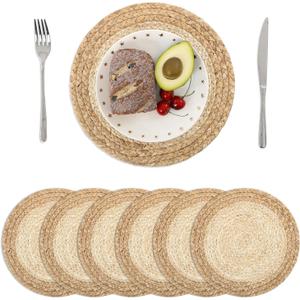 SHACOS 12 inch Round Woven Placemats Set of 6 Natural Corn Husk Water Hyacinth Place Mats Handmade Boho Braided Straw Rattan Table Mats Plate Chargers for Home Wedding Party Table Decor