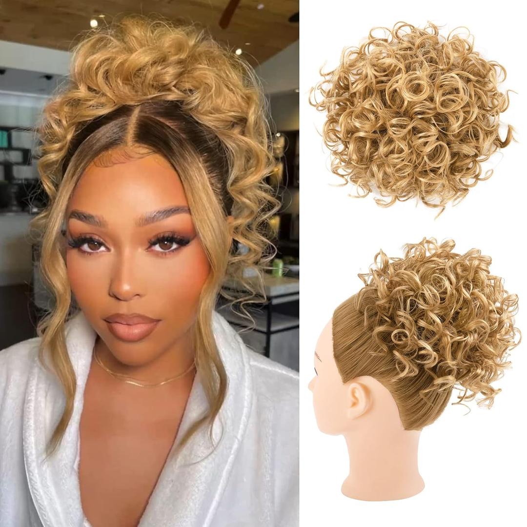 HOOJIH Curly Hair Bun, Elastic Drawstring Loose Wave Messy Bun 1PC Large Full Hair Bun Extension Hairpiece Short Synthetic Ponytail Extension for Women - Light Golden Blonde