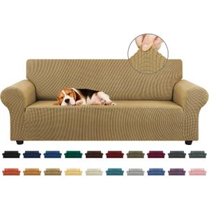 KEKUOU Stretch Sofa Cover Slipcover Couch Covers for 3 Cushion Couch Sofa pet Friendly (79"-94") Furniture Protector Sofa with Elastic Bottom for Kids,Dog, Jacquard Small Checked(Large,Tan)