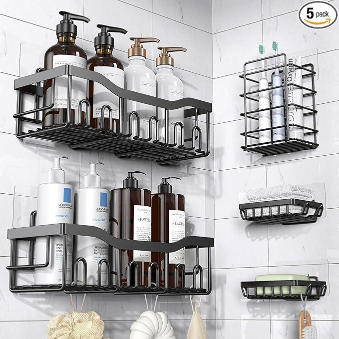 Shower Caddy 5 Pack, Adhesive Bathroom Shower Organizer for Bathroom Storage, No Drilling Large Capacity Rustproof Stainless Steel Shower Shelves Rack for Bath, Black