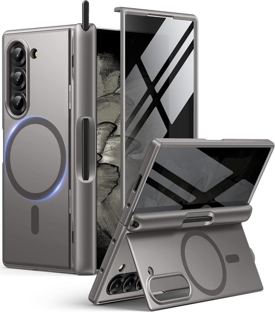BERFY for Z Fold 6 Case with Privacy Screen Protector, [Compatible with MagSafe] Built-in Kickstand & S Pen Slot & Hinge Protection, Full Body Shockproof Phone Case for Samsung Galaxy Z Fold 6, Grey