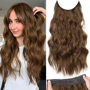 KooKaStyle Invisible Wire Hair Extensions with Transparent Wire Headband Adjustable Size 4 Secure Clips Long Wavy Hairpiece 20 Inch COCOA# for Women