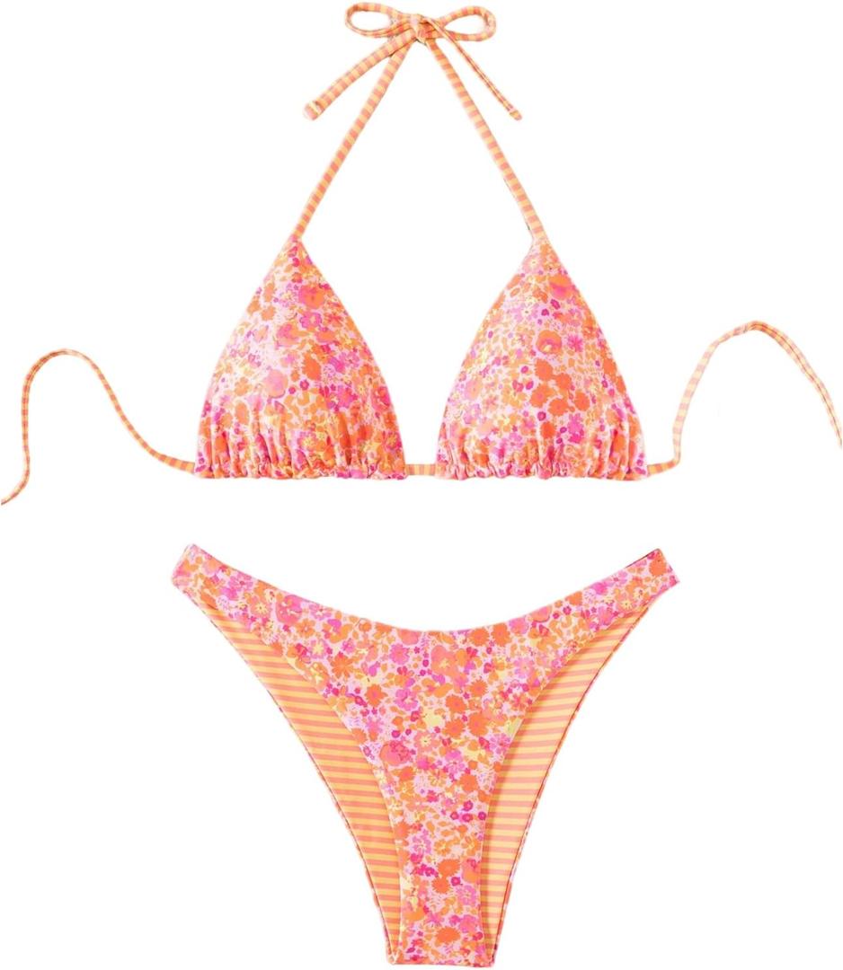 WDIRARA Women's 2 Piece Floral Striped Bikini Set Halter String Thong Swimsuit High Cut Bathing Suit L