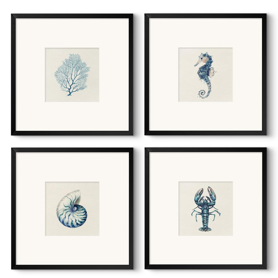 HUARCEY Framed Botanical Wall Art Set of 4, 18"x18" Black and White Leaf Canvas Prints with Glass, Modern Minimalist Nature Wall Decor for Living Room Bedroom Bathroom Office Hallway
