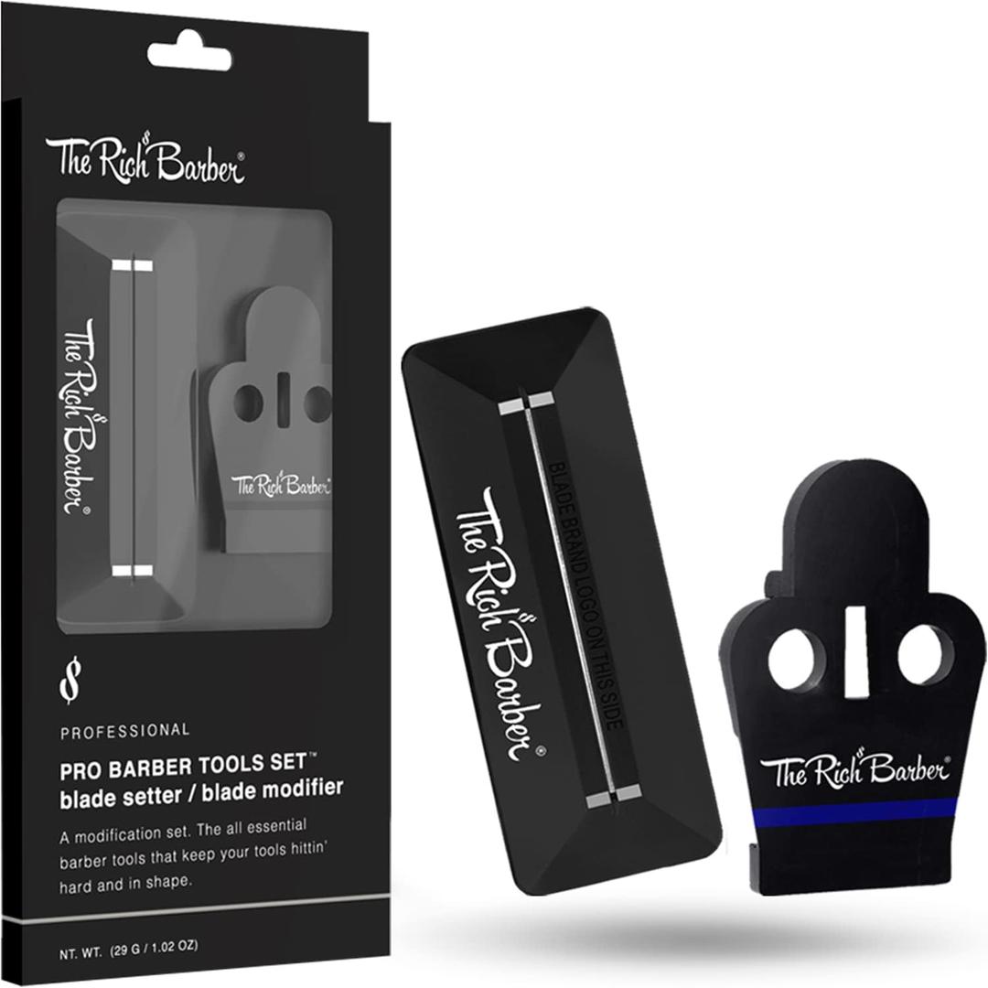 The Rich Barber Pro Barber Tools Set - Accessories Kit with 1-Minute Blade Modifier & 10-Second Blade Setter - Zero Gap Trimmer Alignment Tool, Blade Sharpener Block - Professional Barber Supplies (Blue - Compatible With Andis Styliner Ii)