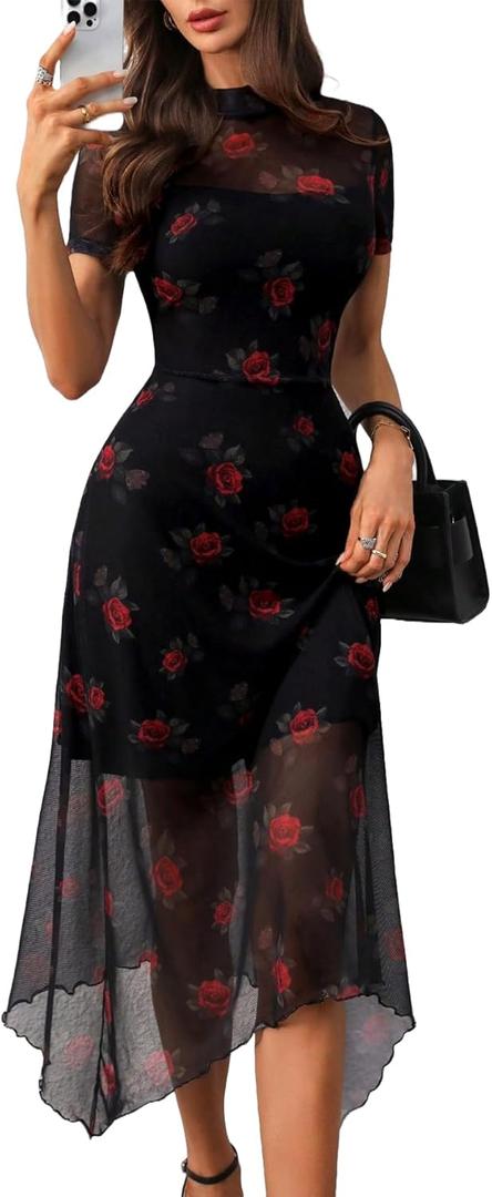 GothDark Women's Wedding Guest Floral Print Vintage Goth Dress Mesh Spliced Double-Layered Irregular Hemline Midi Dresses, Size M