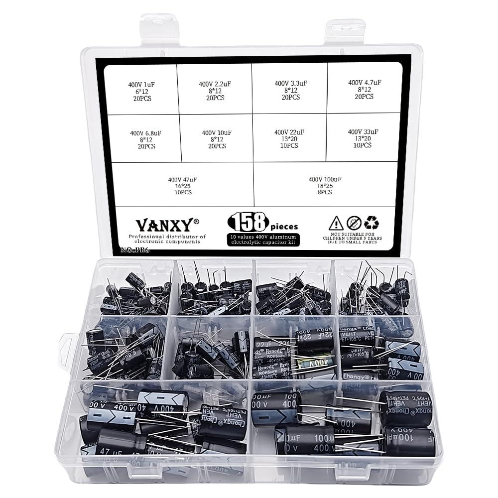 400V 10Values Electrolytic Capacitor Assortment 158pcs Kit 1uF to 100uF Aluminum Capacitors 1uF 2.2uF 3.3uF 4.7uF 6.8uF 10uF 22uF 33uF 47uF 100uF