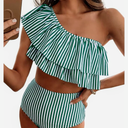 VIMPUNEC Ruffle One Shoulder Swimsuits for Women Striped High Waisted Two Piece Bathing Suits, Size M