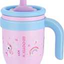 KXIAOCHEN 14 oz Kids Tumbler with Handle for Spill Proof Insulated Stainless Steel Reusable Tumbler for Toddlers, Keeps Drinks Cold up to 24 Hrs, Pink Unicorn