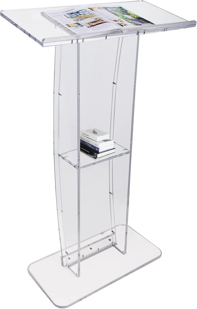 VEVOR Acrylic Podium, 47" Clear Acrylic Podium Stand with Wide Reading Surface & Storage Shelf, Floor-Standing Clear Pulpits Acrylic for Church Office School