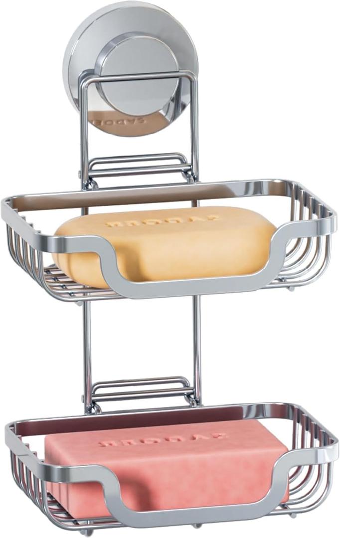 TAILI Double Layer Soap Holder, Drill-Free Bar Soap Dish Tray Suction Cup, Draining for Shower Wall, Bath Storage, Rustproof Stainless Steel Sponge Holder for Tub, Kitchen, Silver (5.7" * 10.1")