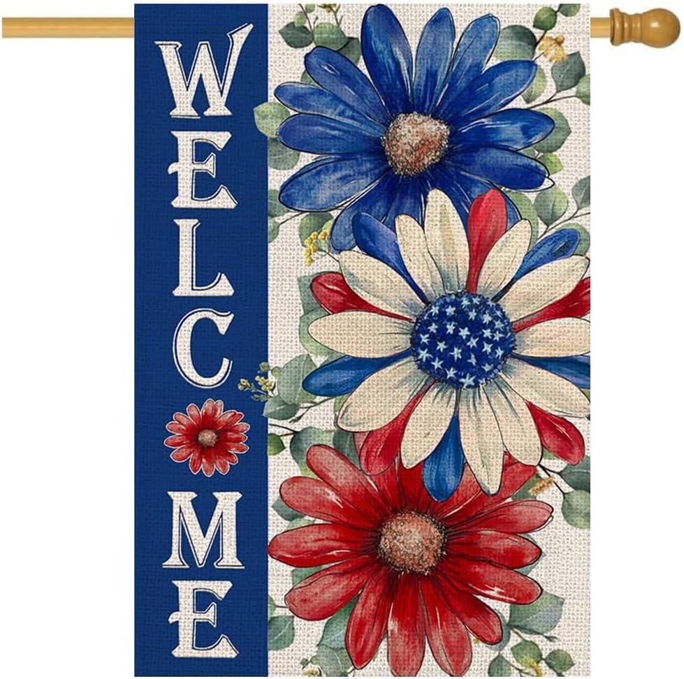 4th of July Patriotic House Flag 28x40 Inch Double Sided Outside Independence Memorial Day Summer Daisy Decorative Floral Outdoor Garden Yard Porch Decorations