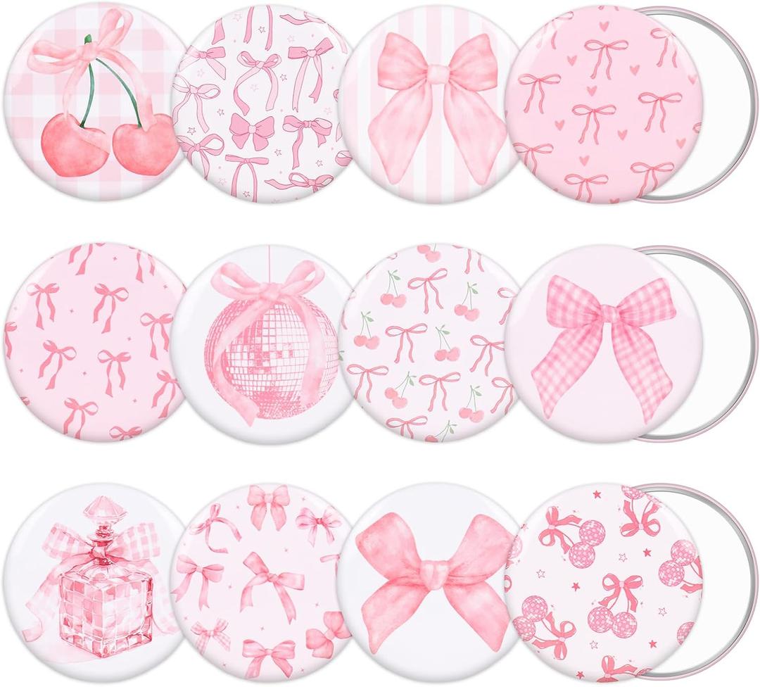 24Pcs Coquette Bow Mirror Pink Bow Cherry Pocket Portable Mirrors 2.95 Inch Round Mini Makeup Mirrors for Women Birthday Party Favors Supplies