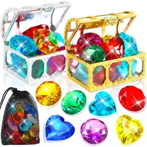 MARFOREVER 12 Pcs Large Dive Gems, Big Colorful Diamond Gems for Kids with 2 Pirate Treasure Chest Boxes Mesh Bag Underwater Pool Sinking Gems Crystal for Boys Girls Swimming Beach Bathroom Water Toys