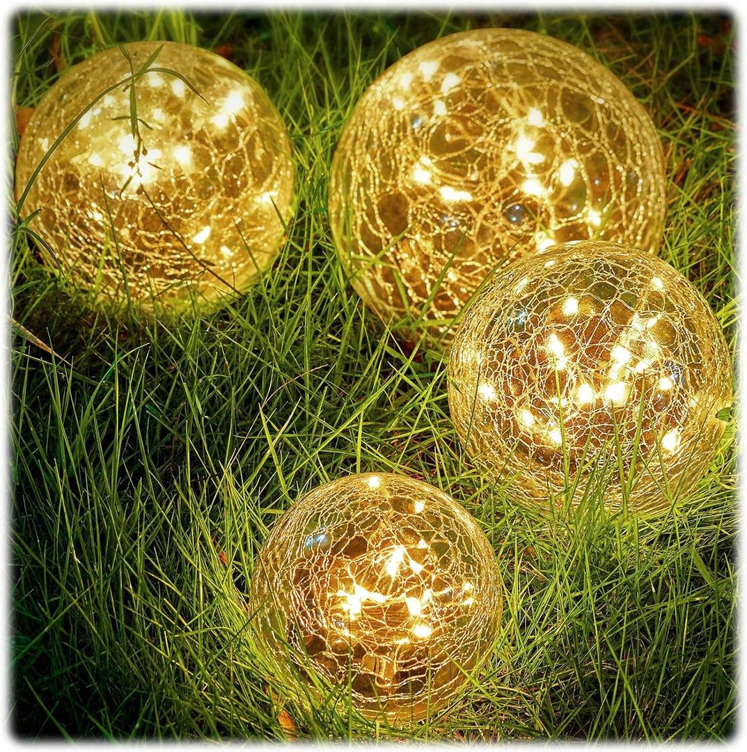 Honoson Solar Globe Lights Outdoor - Waterproof Cracked Glass Balls for Garden, Patio, Lawn & Yard, Warm White Solar LED Lights with Easy Installation & Durable Design(6 Inch,4 Pieces)