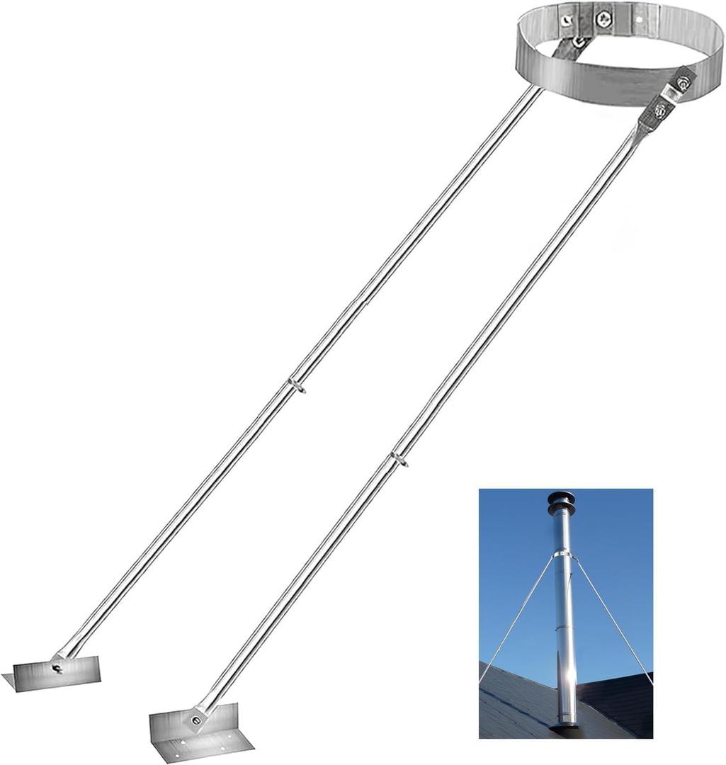 Roof Chimney Stainless Steel Extended Support KitAdjustable Extended Roof Brace Suitable for 6"-14" DiameterSilver Chimney Stove Pipe Support Provide Stability Against Wind