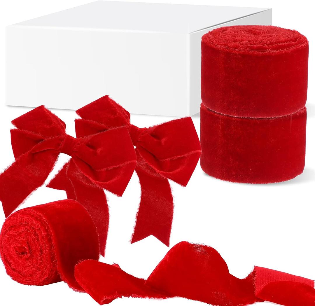 6 Yards Velvet Wrapping Ribbon, 2 Roll Wedding Silk Frayed Handmade Velvet Ribbon for Wrapping Wedding Bouquet Invitation Cards Handmade Crafts Bouquet Gift Wreaths Decor (Red, 2 Inch)