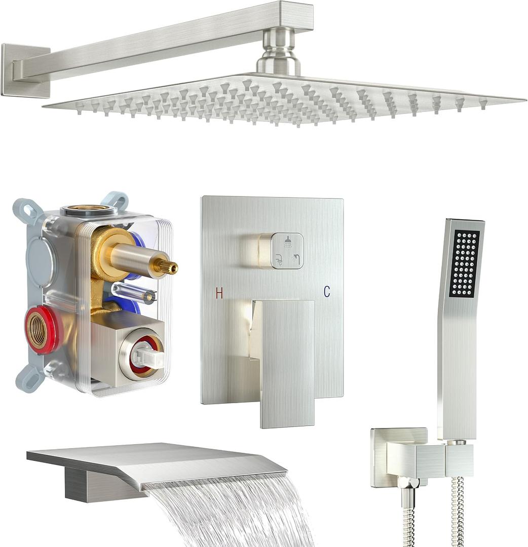 Shower System with Tub Spout, 12-Inch High-Pressure Rain Showerhead and Handheld Combo, Brushed Nickel Shower Faucet Set with Rough-in Valve and Trim, Wall Mounted 3-Way Shower Set
